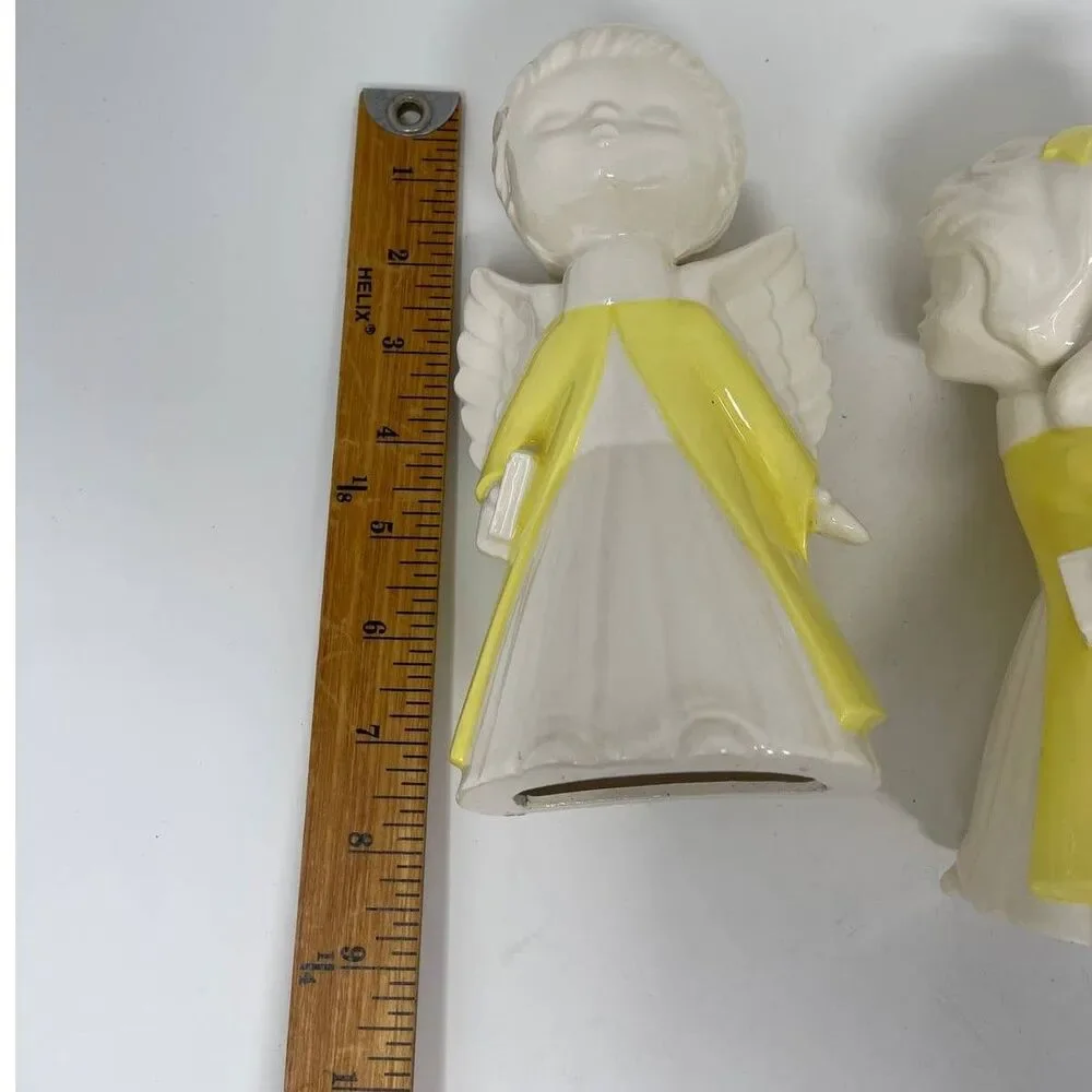 Vintage Boy Girl Angel Figurines Yellow White Mid Century Kissing Holding Bible